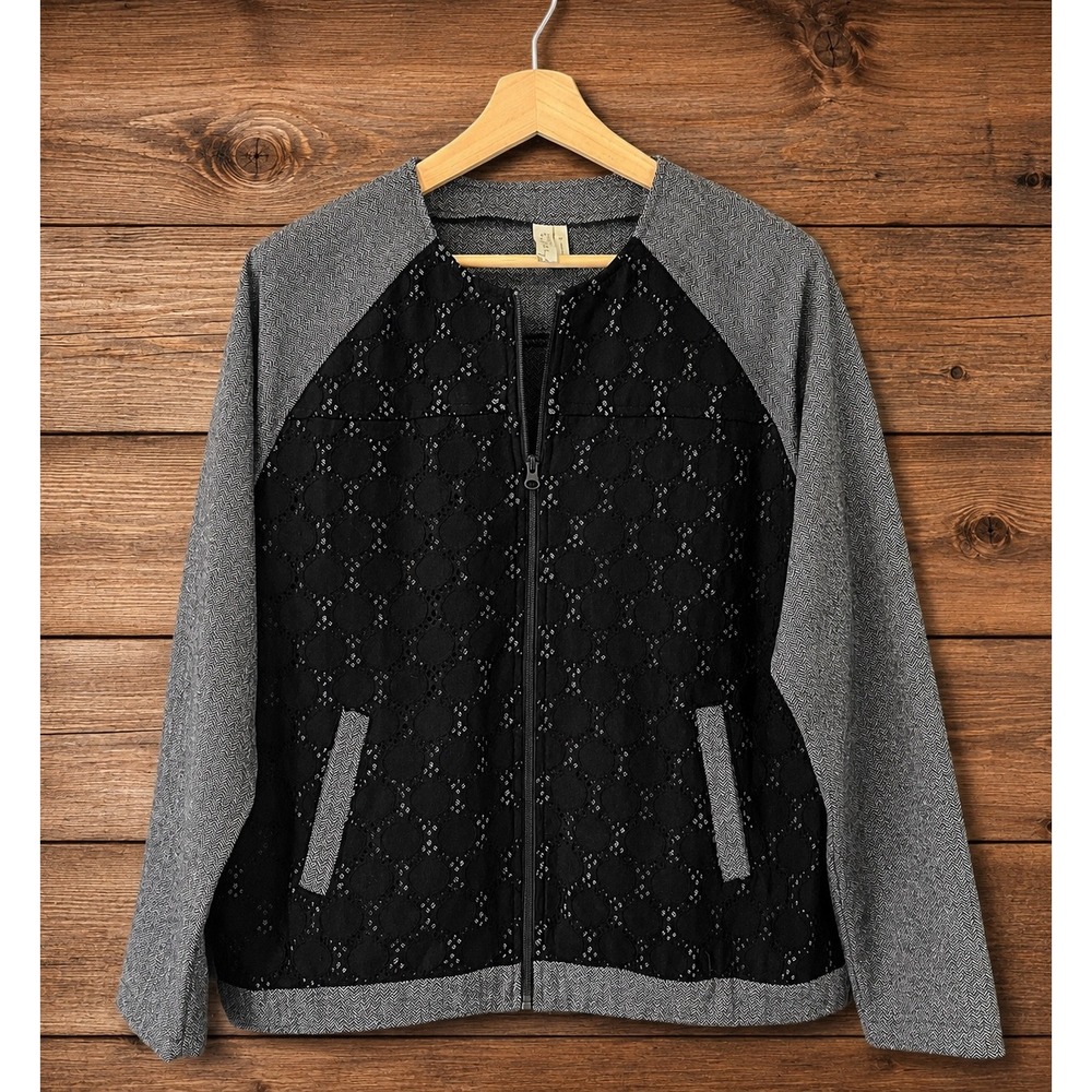 Sahalie Full Zip Jacket Womens L Grey Black Eyelet Lace Wool‎ Blend Bomber Boho